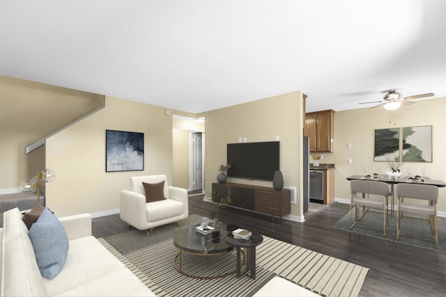 living room featuring ceiling fan and dark hardwood / wood-style flooring