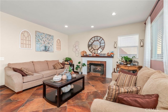 living room with a fireplace