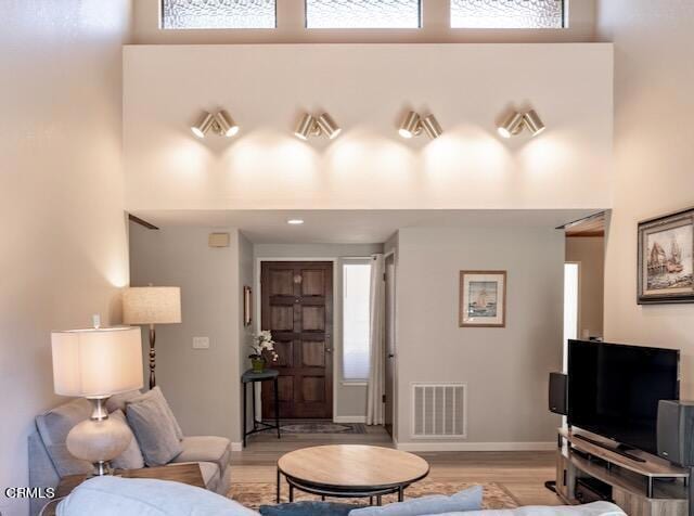 living room featuring a high ceiling and light wood-type flooring