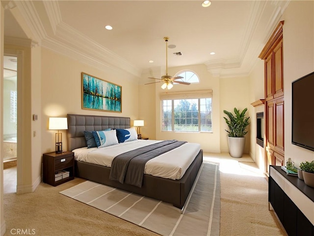 bedroom featuring light colored carpet, ceiling fan, and ornamental molding