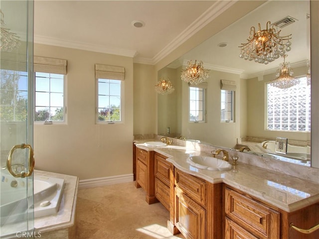 bathroom featuring a chandelier, vanity, plus walk in shower, and crown molding