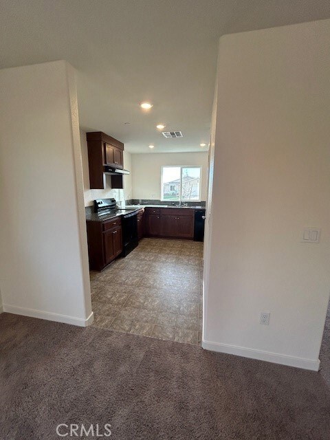 kitchen featuring ventilation hood, dark brown cabinetry, light carpet, black / electric stove, and sink