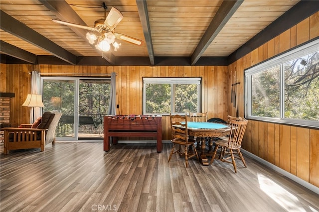 sunroom featuring a healthy amount of sunlight, ceiling fan, and beamed ceiling