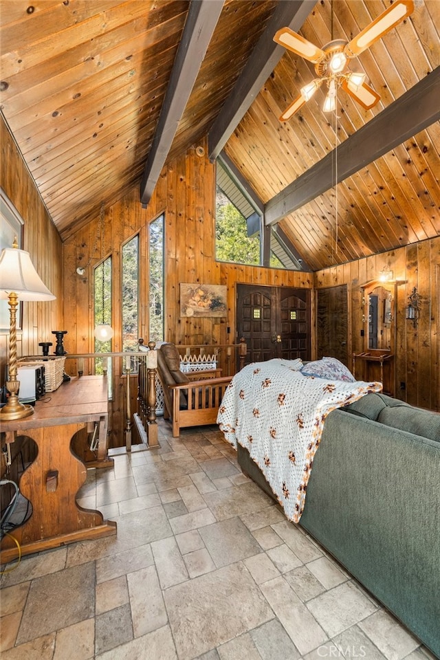 bedroom featuring wooden walls, wood ceiling, beam ceiling, and high vaulted ceiling