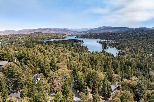 drone / aerial view with a wooded view and a water and mountain view