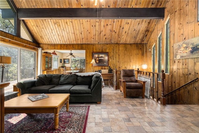 living room with wood walls, wood ceiling, beam ceiling, and high vaulted ceiling