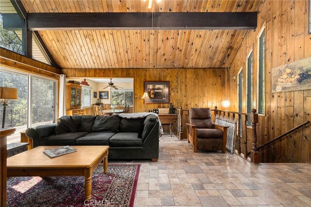living area with lofted ceiling with beams, stone tile flooring, a ceiling fan, wood ceiling, and wooden walls
