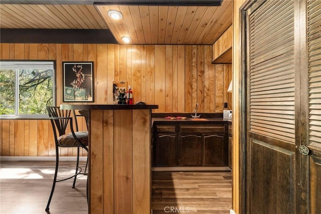 bar featuring a bar, light wood-type flooring, wooden ceiling, and wood walls