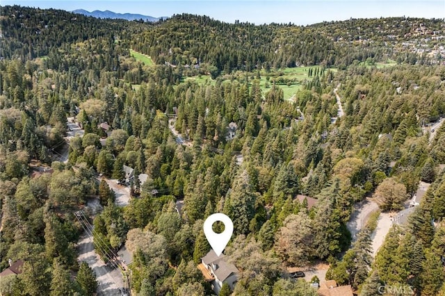 birds eye view of property with a mountain view and a forest view