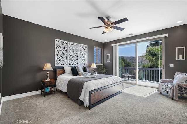 carpeted bedroom with access to exterior and ceiling fan