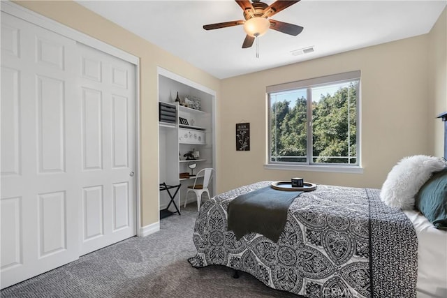 bedroom featuring a closet, ceiling fan, and carpet