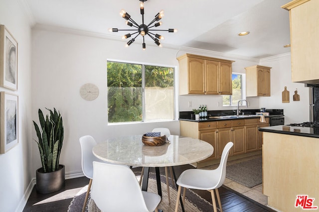 kitchen with sink, an inviting chandelier, ornamental molding, and light wood-type flooring