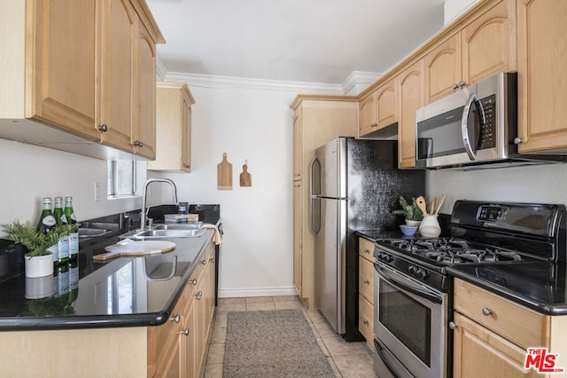 kitchen with crown molding, sink, light brown cabinetry, appliances with stainless steel finishes, and light tile patterned flooring