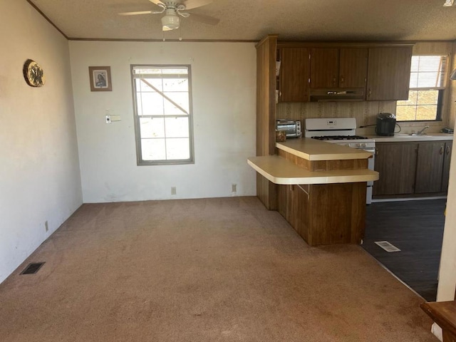 kitchen featuring kitchen peninsula, a breakfast bar, white gas stove, and plenty of natural light