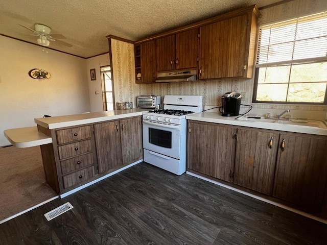 kitchen featuring ceiling fan, kitchen peninsula, a textured ceiling, dark wood-type flooring, and white gas stove