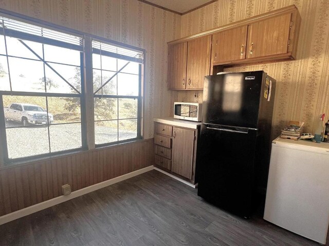 kitchen featuring dark hardwood / wood-style floors and black refrigerator