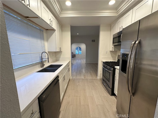 kitchen featuring a tray ceiling, white cabinetry, sink, and stainless steel appliances