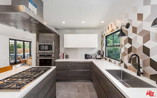 kitchen with white cabinets, wall chimney range hood, sink, dark brown cabinetry, and stainless steel appliances