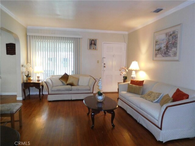 1415 Ximeno Ave, Long Beach, CA 90804 - living room featuring arched walkways, wood finished floors, crown molding, and baseboards
