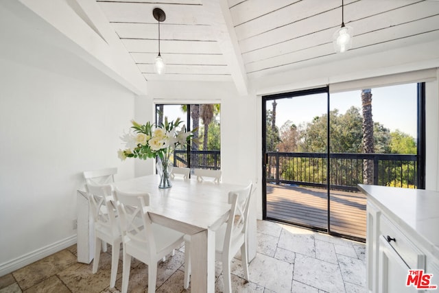 sunroom with vaulted ceiling with beams and wood ceiling