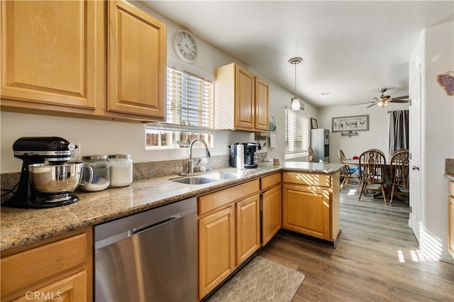 kitchen featuring sink, dishwasher, hardwood / wood-style floors, ceiling fan, and pendant lighting