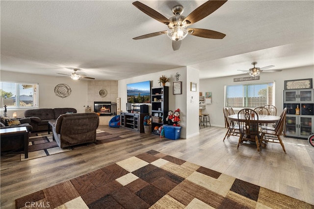 dining room with a tiled fireplace, plenty of natural light, and hardwood / wood-style floors