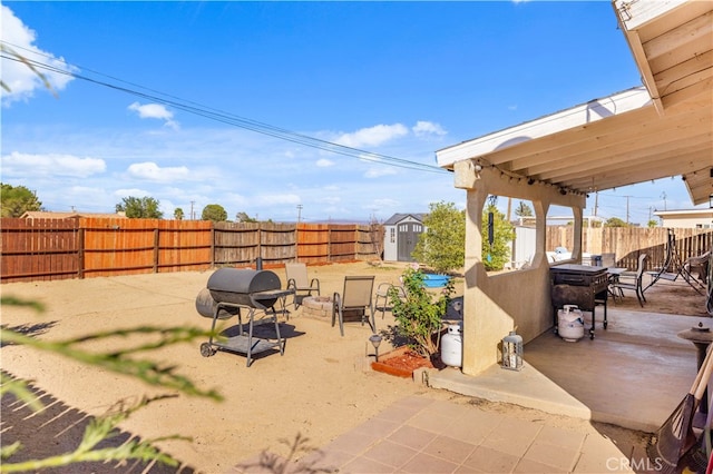 view of patio / terrace featuring a storage unit and grilling area