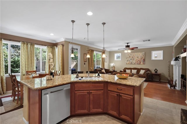 kitchen with visible vents, stainless steel dishwasher, light stone countertops, a kitchen island with sink, and open floor plan