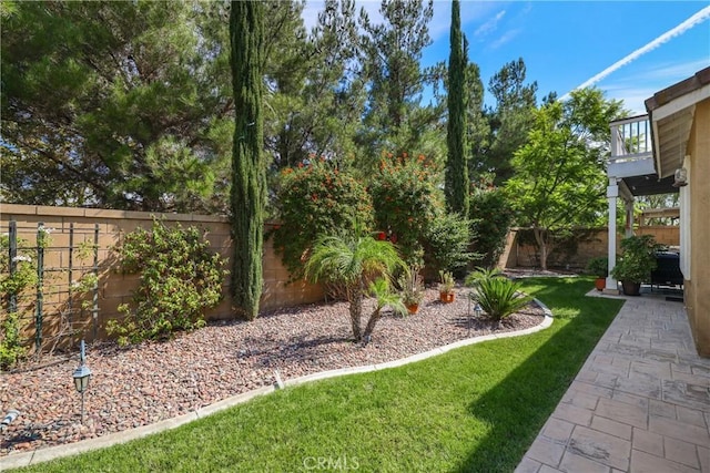 view of yard with a fenced backyard and a patio