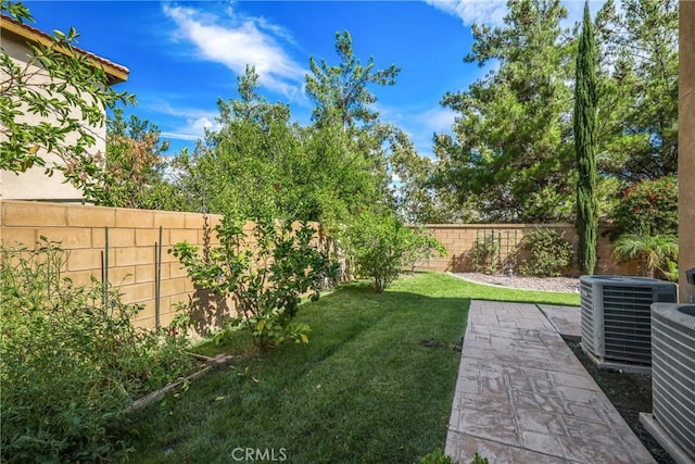 view of yard with central AC, a patio, and a fenced backyard