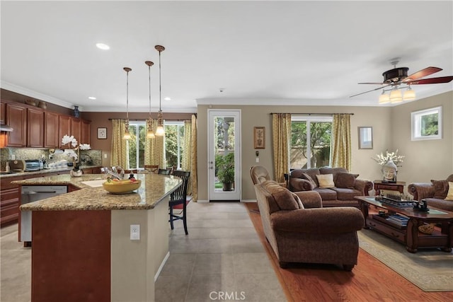 kitchen with dishwasher, ornamental molding, open floor plan, and a healthy amount of sunlight