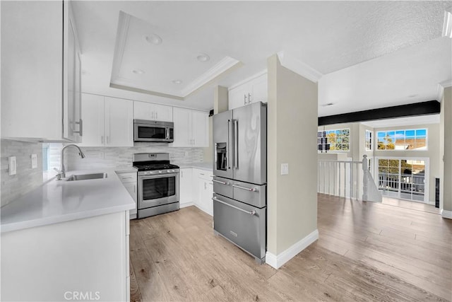 kitchen featuring sink, light hardwood / wood-style flooring, backsplash, white cabinets, and appliances with stainless steel finishes