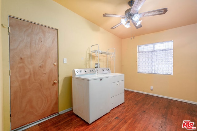 laundry area featuring ceiling fan, dark hardwood / wood-style flooring, and separate washer and dryer