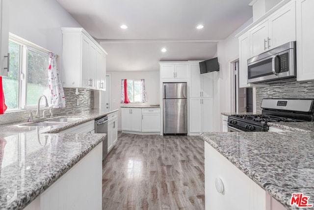 kitchen featuring light stone countertops, plenty of natural light, and stainless steel appliances