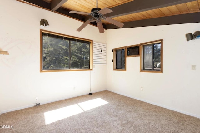 unfurnished room with lofted ceiling with beams, ceiling fan, carpet, and wooden ceiling