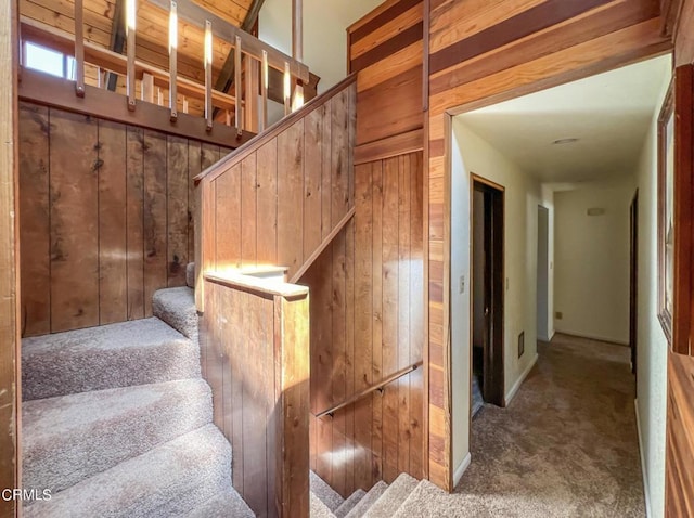 stairs with carpet flooring and wooden walls