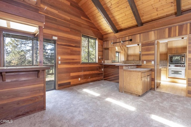 kitchen featuring kitchen peninsula, wood walls, dark carpet, and appliances with stainless steel finishes