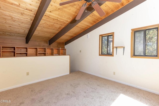 additional living space with carpet flooring, vaulted ceiling with beams, ceiling fan, and wood ceiling