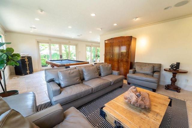 living room featuring ornamental molding and billiards