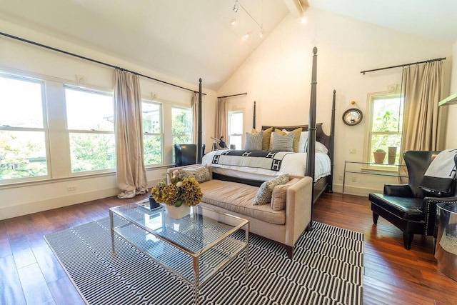 bedroom with beamed ceiling, dark hardwood / wood-style flooring, high vaulted ceiling, and multiple windows