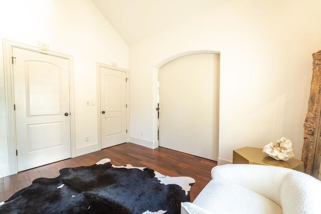 bedroom featuring high vaulted ceiling and dark hardwood / wood-style floors