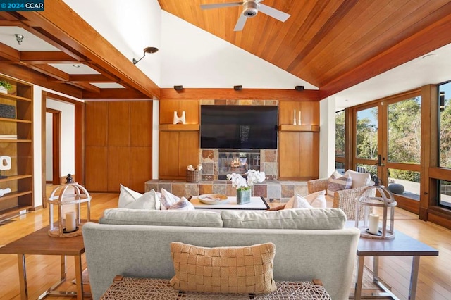 living room with high vaulted ceiling, french doors, ceiling fan, light wood-type flooring, and wood ceiling