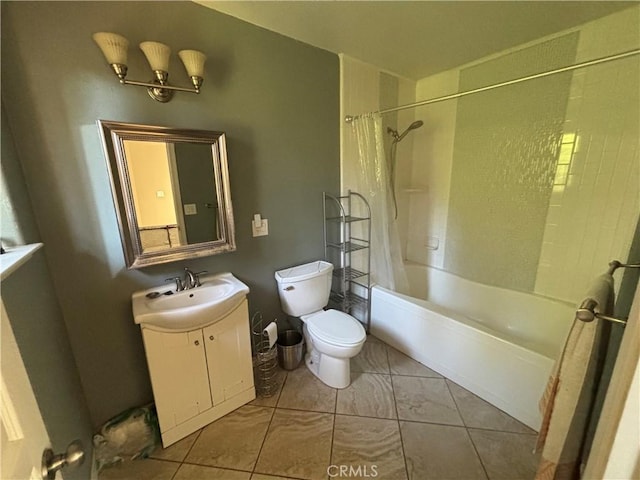 full bathroom featuring shower / bathtub combination with curtain, tile patterned flooring, vanity, and toilet