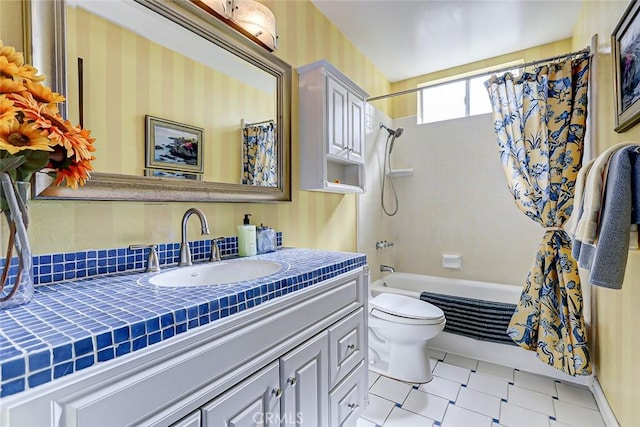 full bathroom featuring vanity, shower / bath combination with curtain, and toilet