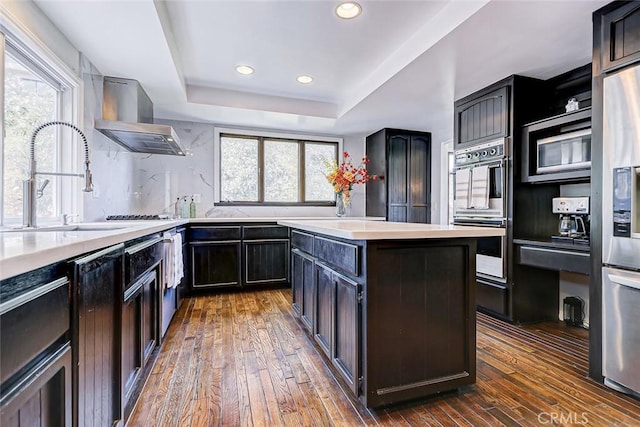 kitchen with dark wood-type flooring, a raised ceiling, wall chimney exhaust hood, appliances with stainless steel finishes, and a kitchen island