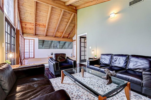 living room featuring beamed ceiling, wood ceiling, and high vaulted ceiling