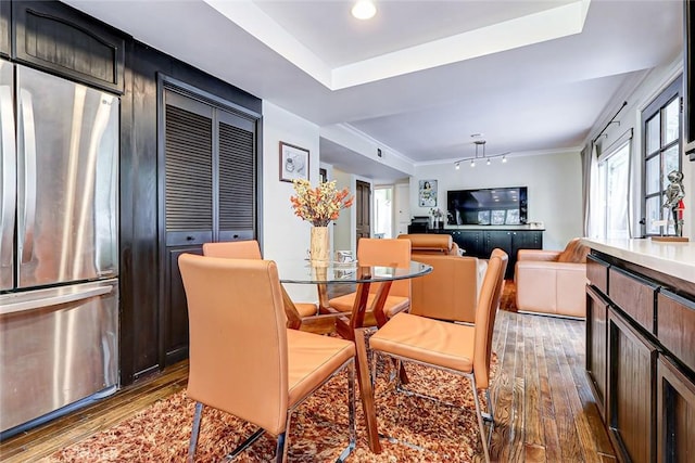 dining room featuring dark hardwood / wood-style flooring and a tray ceiling