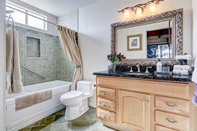 full bathroom featuring tile patterned flooring, vanity, shower / bath combination with curtain, and toilet