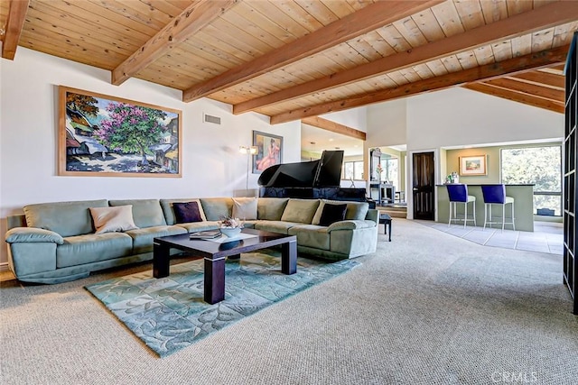 living room featuring beam ceiling, wooden ceiling, light carpet, and high vaulted ceiling