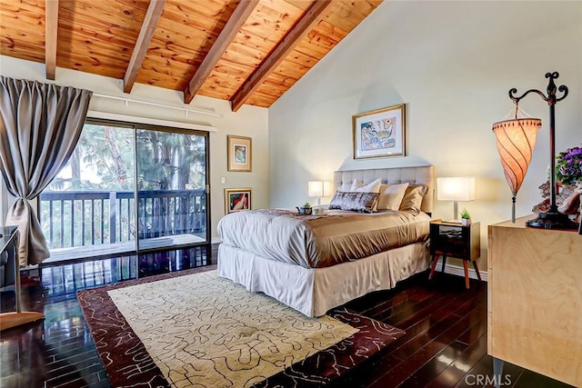 bedroom with high vaulted ceiling, access to outside, beamed ceiling, dark hardwood / wood-style flooring, and wood ceiling